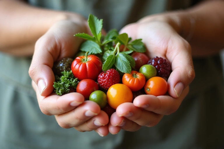 Close-up of hands gently holding fresh, colorful produce like berries, herbs, and small vegetables, with a soft-focused background