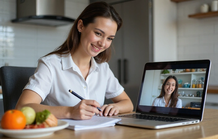 Donna sorridente che partecipa a una consulenza nutrizionale online tramite videochiamata, con un laptop e appunti sul tavolo