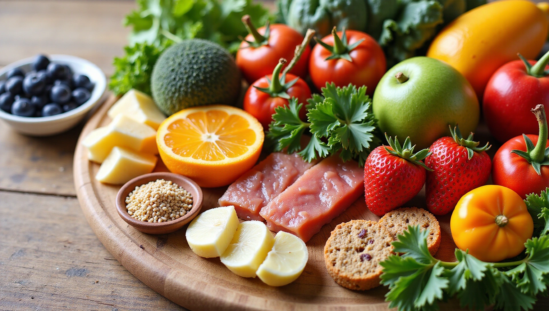 Frische, gesunde Lebensmittel auf einem Holztisch, die Ausgewogenheit und Wohlbefinden symbolisieren.