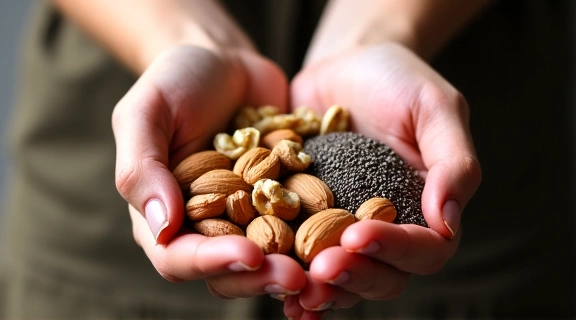 Hände halten verschiedene Nüsse und Samen