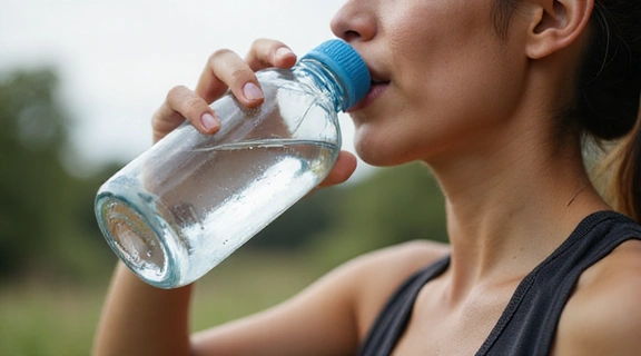 Person trinkt Wasser aus einer Flasche während des Sports
