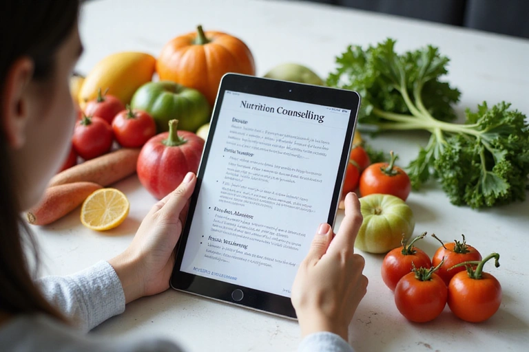 Eine Person liest auf einem Tablet Informationen zur Ernährungsberatung, umgeben von frischem Obst und Gemüse.
